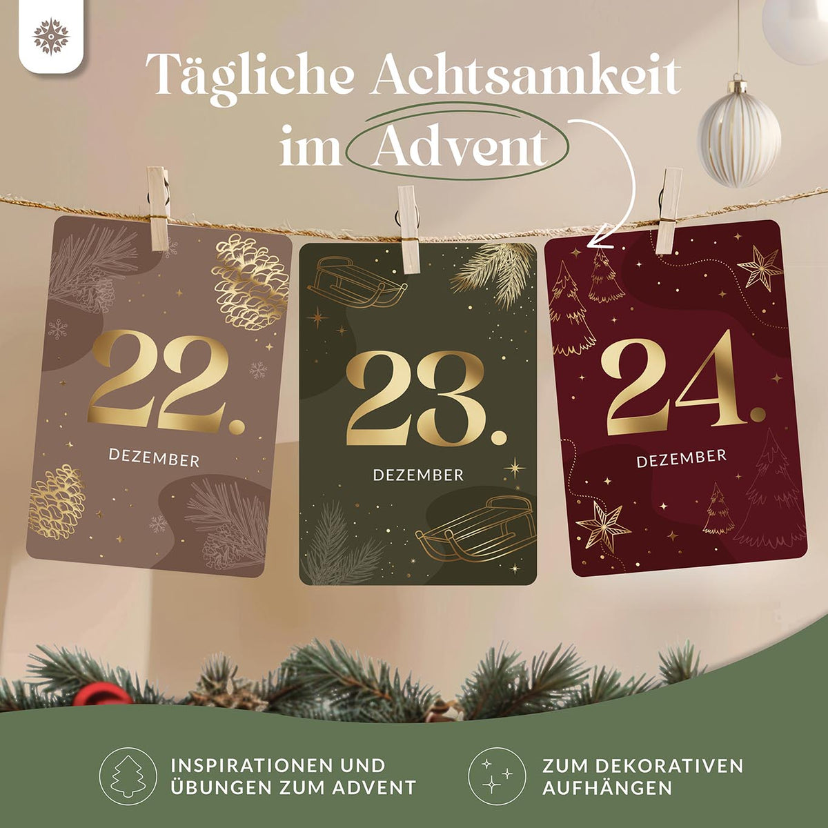 Adventskalender Kartenset zum Aufhängen mit Goldprägung