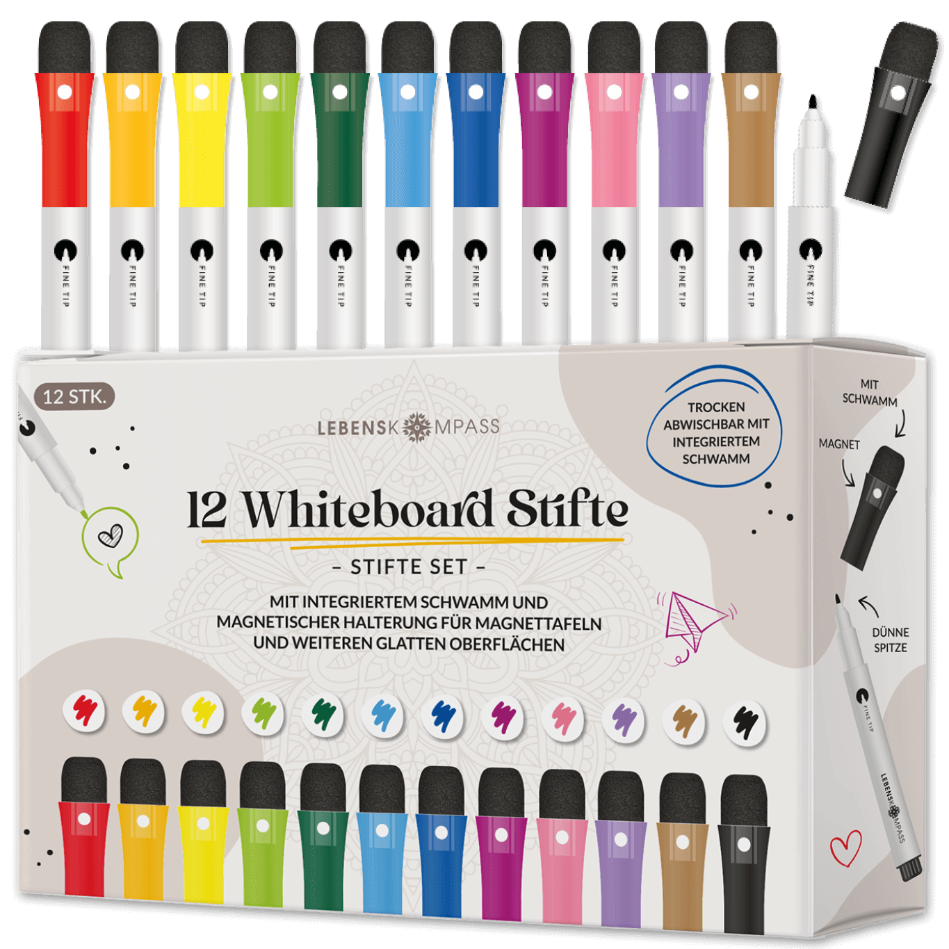 Whiteboard Stifte Set - 12 bunte Marker